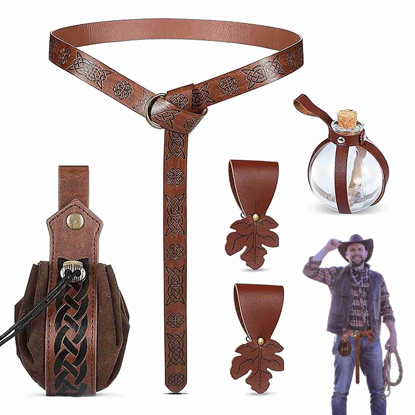 5pcs Viking Belt Set Artificial Leather Medieval Renaissance Belt Potion Bottle Set for Party A brown