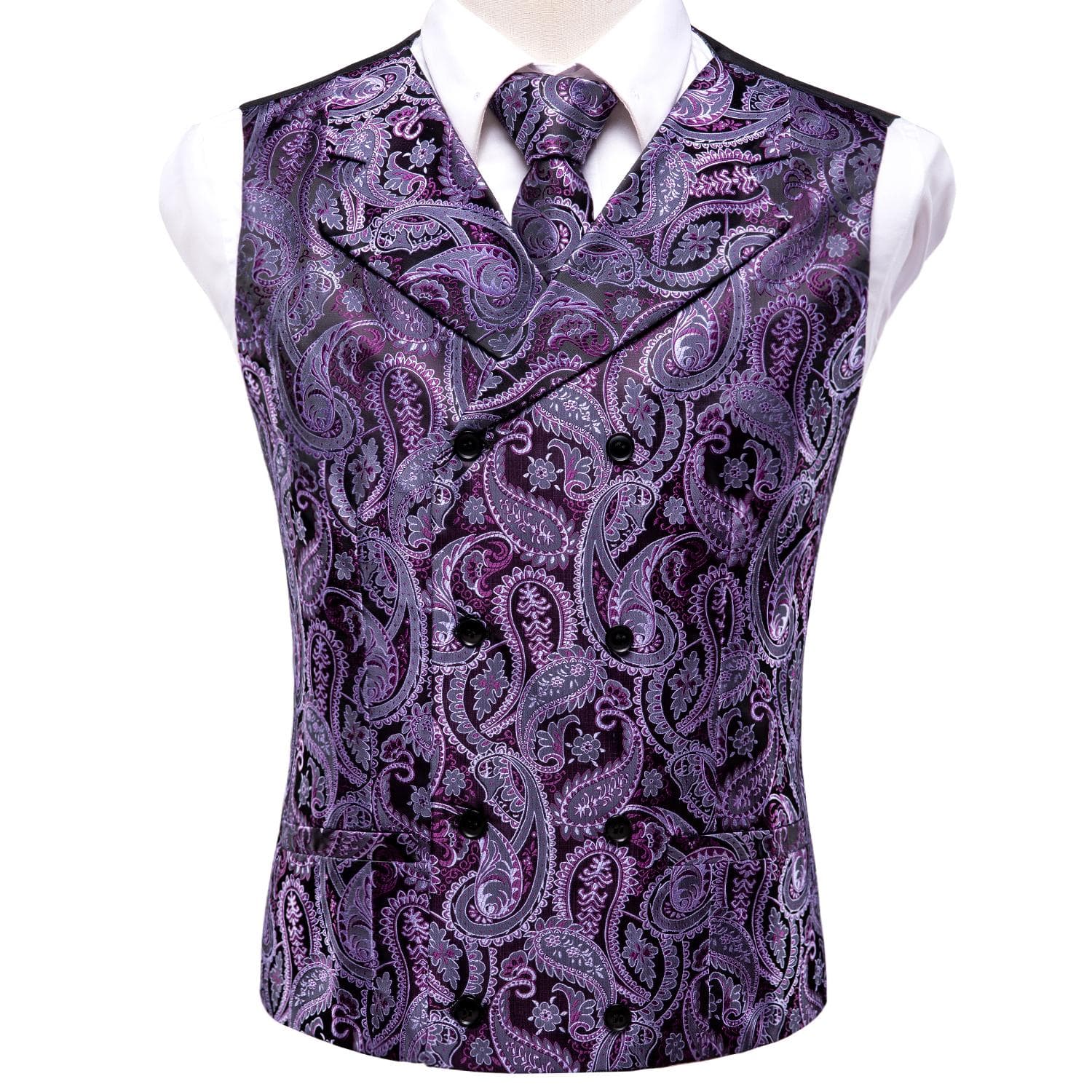 Mens Silk Victorian Vest Paisley Waistcoat Tie Hanky Cufflinks Set For Wedding M