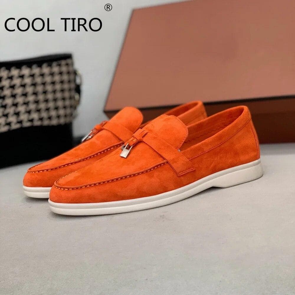 Woman Flat Shoes Slip On Women Loafers Leather Metal Lock Blue Suede Moccasins Mules Casual Driving Shoe Summer Walk Shoes Femme 36