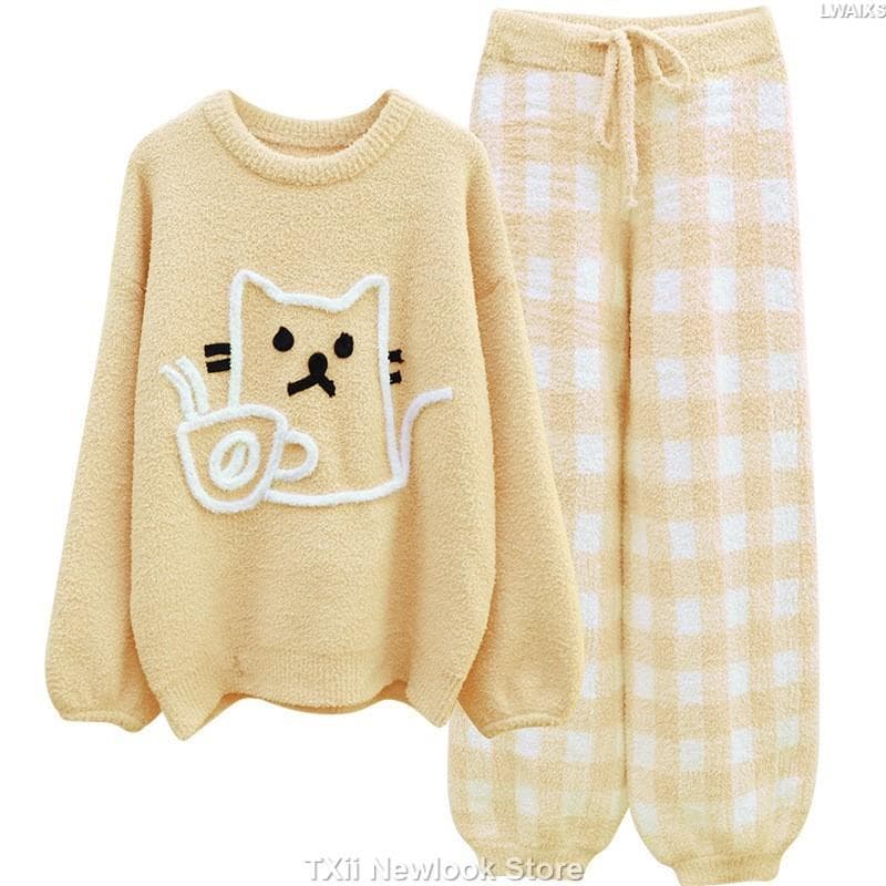 Wearing Soft Pajamas Women's Autumn and Winter Sweet Japanese Style Fleece-lined Thickened Cartoon Cat Two-Piece Home Clothes One Size yellow