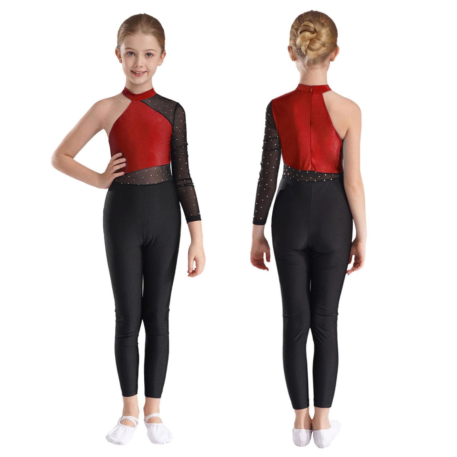 Girls One Mesh Sleeve Full Body Cover Jumpsuits Gymnastics Ballet Modern Dance Uniform Unitard Ice Skating Competition Costume 15-16 Years burgundy