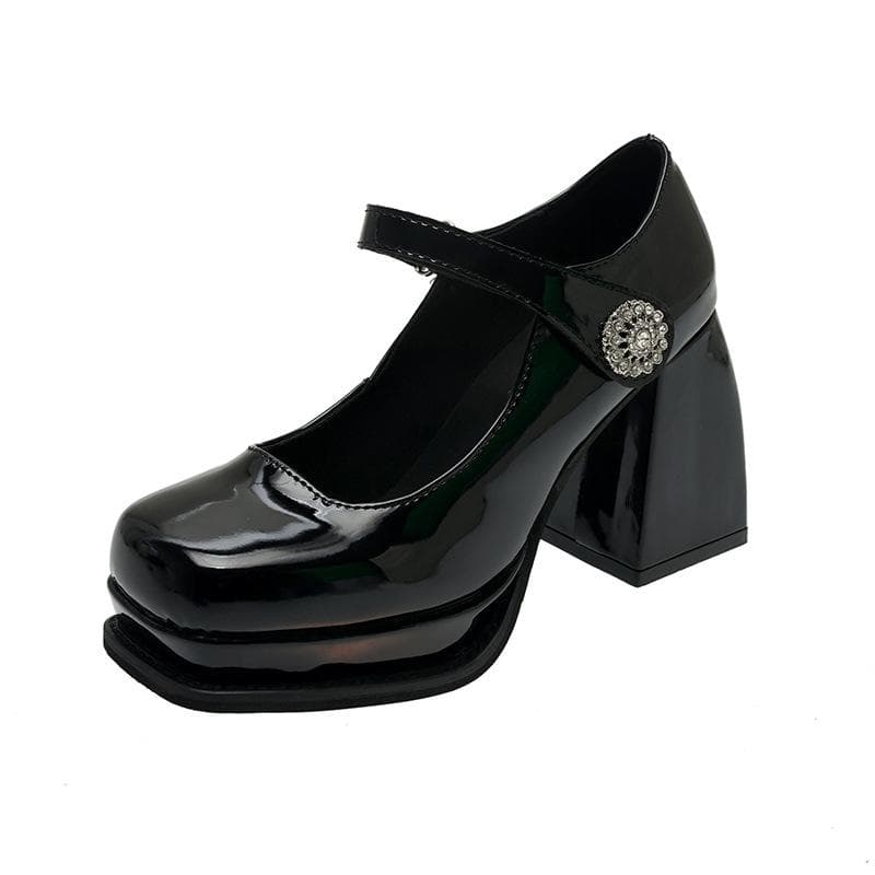 Spring and Autumn New Thick-heeled High-heeled Shoes One-word Buckle Belt Mary Jane Single Shoes Women's Solid Color Square Toe Women's Shoes 39