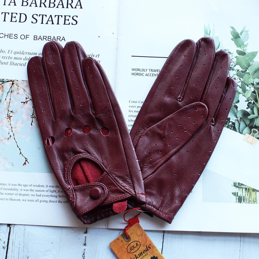 Driving Leather Gloves for Women's Single-Layer Unlined Thin Hollow Style Outdoor Cycling Driver Gloves Free of Shipping 7 wine red