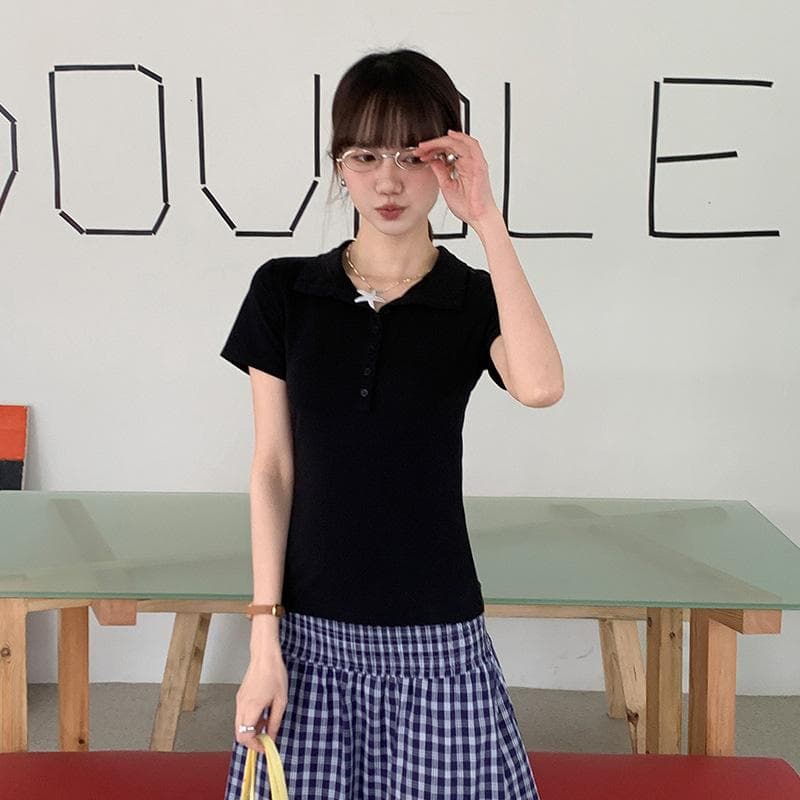 Hong Kong Style Solid Color T-shirt for Women Short-sleeved Summer New Versatile Lapel Breasted Polo Shirt Half-sleeved Top Summer XL