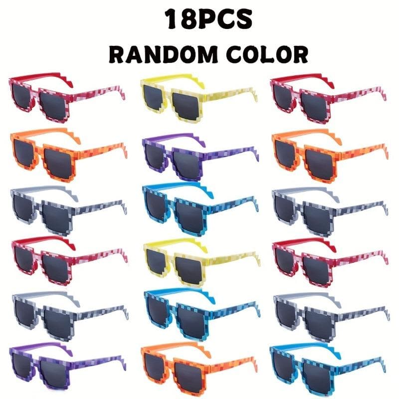 18 Packs Miner Party Pixel Glasses Adult Plastic Game Themed Photo Booth Props Colorful Birthday Party Gifts