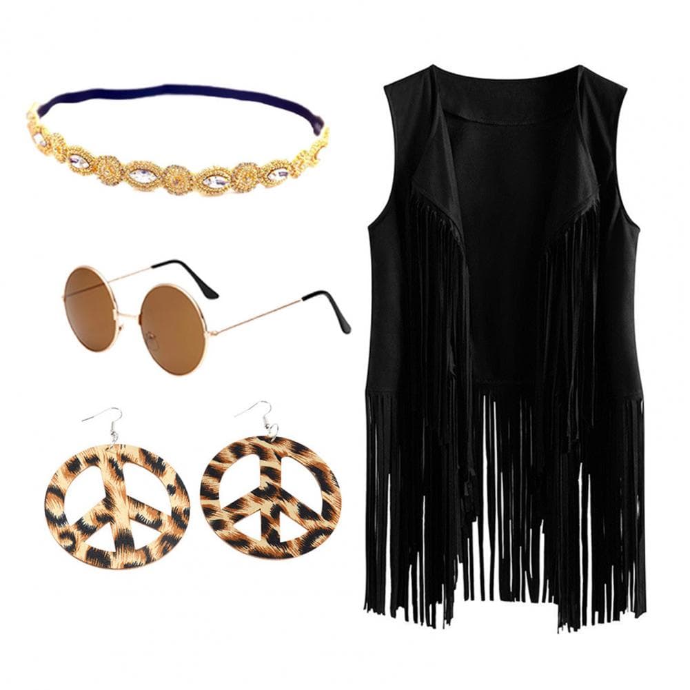 5 Pcs/Set Women Vest with Headband Sunglasses Necklace And Earrings Tassel Cardigan Waistcoat Retro 60s 70s Dance Party Disco Co M black