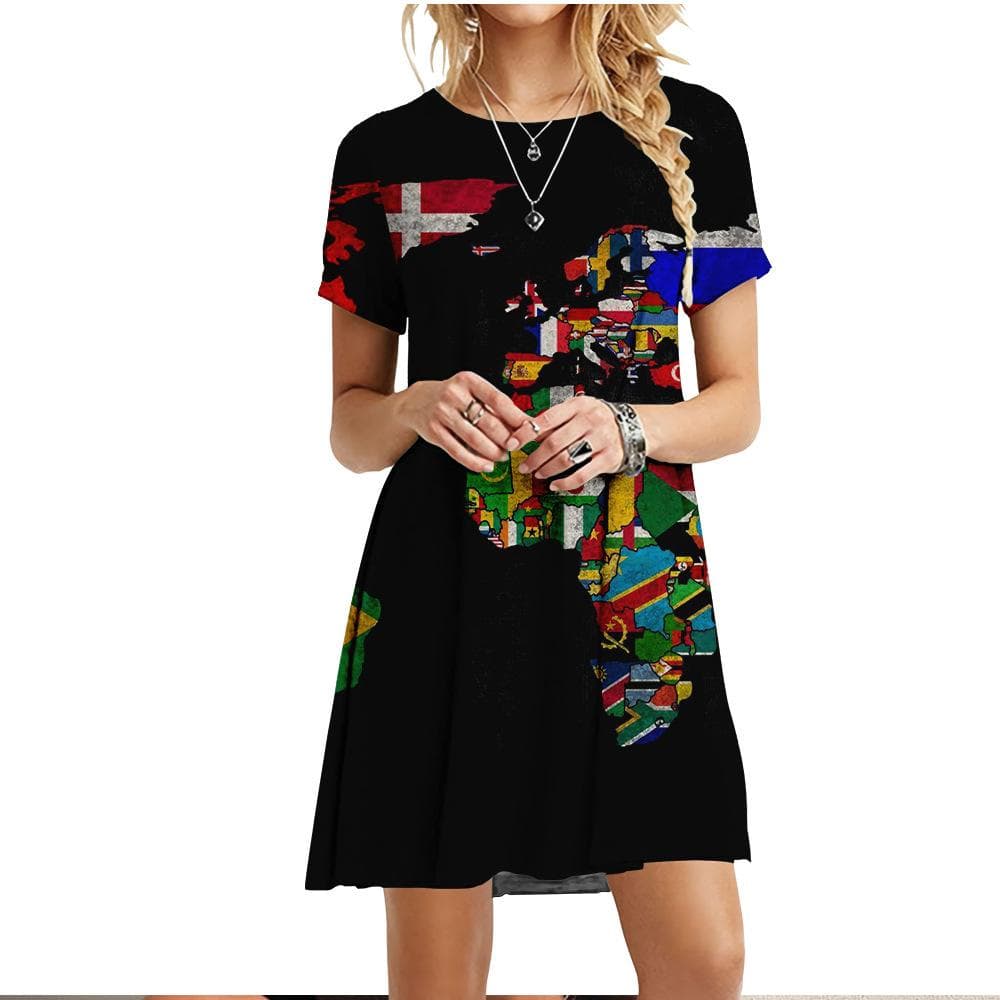 New Clothing For Summer Women World Map Dress Casual O-Neck Short Sleeve Loose Oversize Dress Fashion Ladies 3D Printed Dresses M