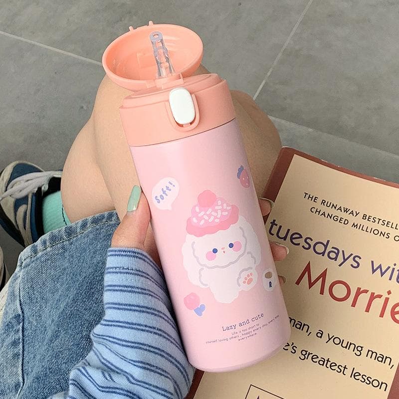 380ML Stainless Steel Thermos Vacuum Flask Cute Cartoon Thermal Water Bottle For Girls Insulated Straw Cups Tumbler Drinkware 380ml pink