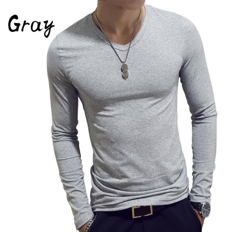 Elastic Mens T-Shirt V-Neck Long Sleeve Men T Shirt For Male Cotton T-Shirts Man Clothing TShirt Top Tees L gray