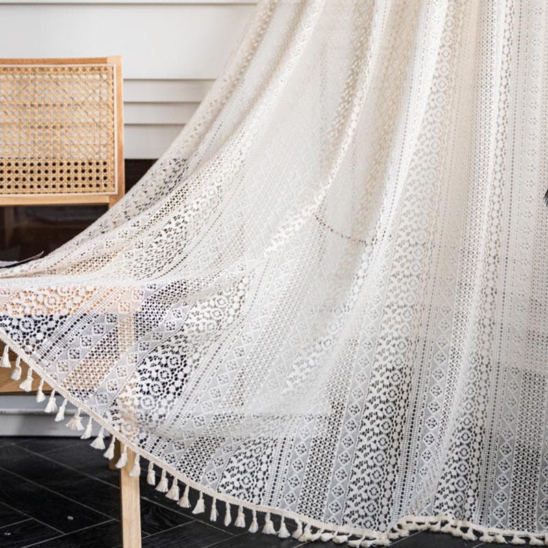 Boho Cotton Linen Tassel Window Curtains  Rod Pocket Semi Blackout Country Style Window Treatment for Living Dining Room hook type-150*220cm