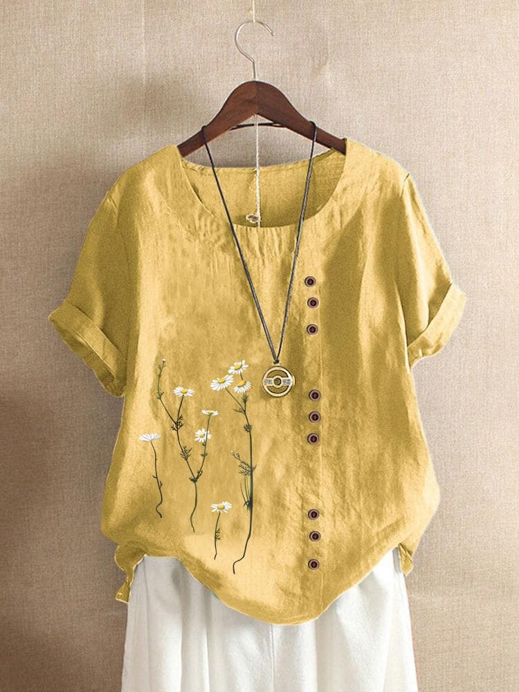 Cotton and Linen Printed T Shirt Tops Women's Summer Loose T Shirt Shirts S yellow