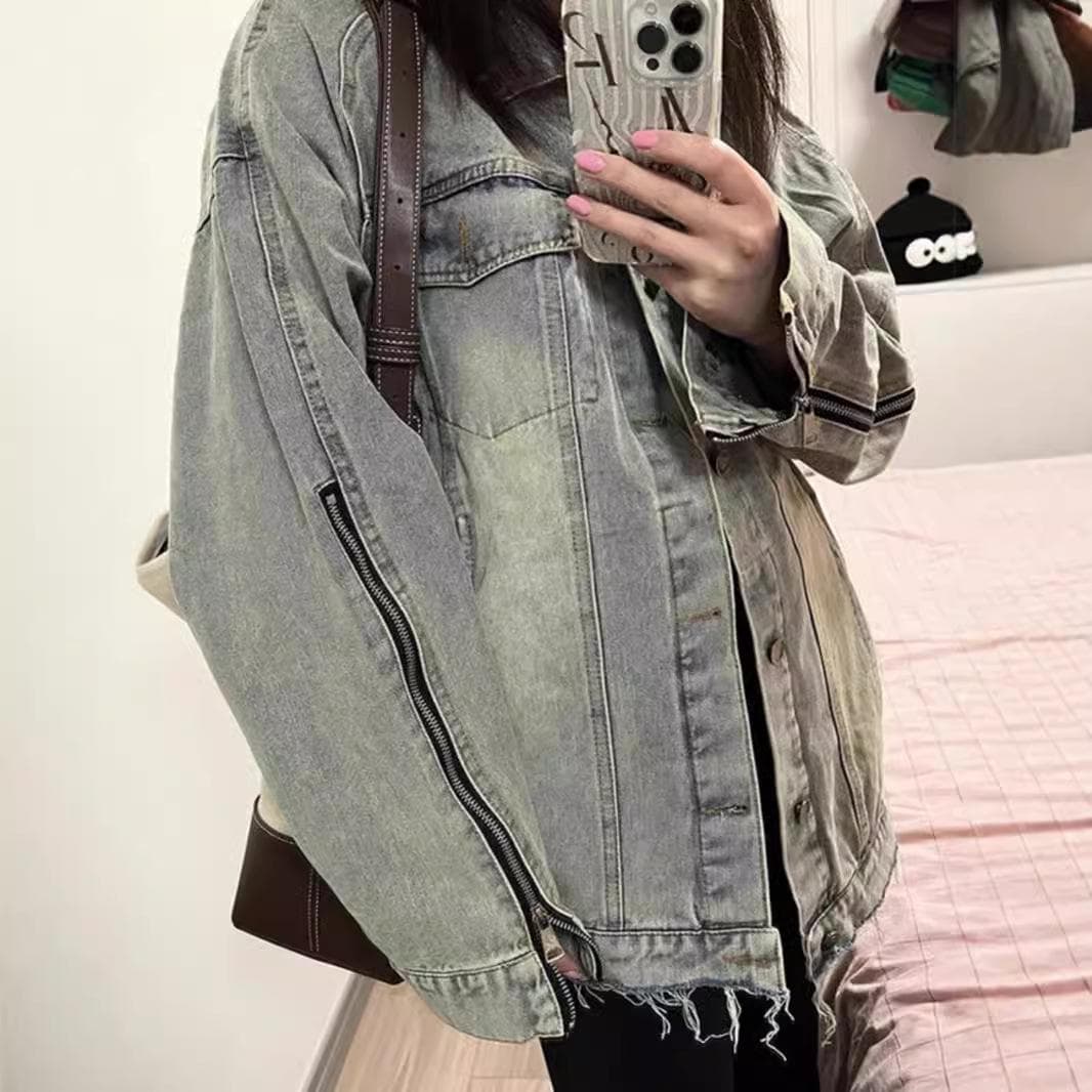 American Retro Long-sleeved Denim Jacket Women's Spring Loose and Thin Versatile Washed Old Top 2XL