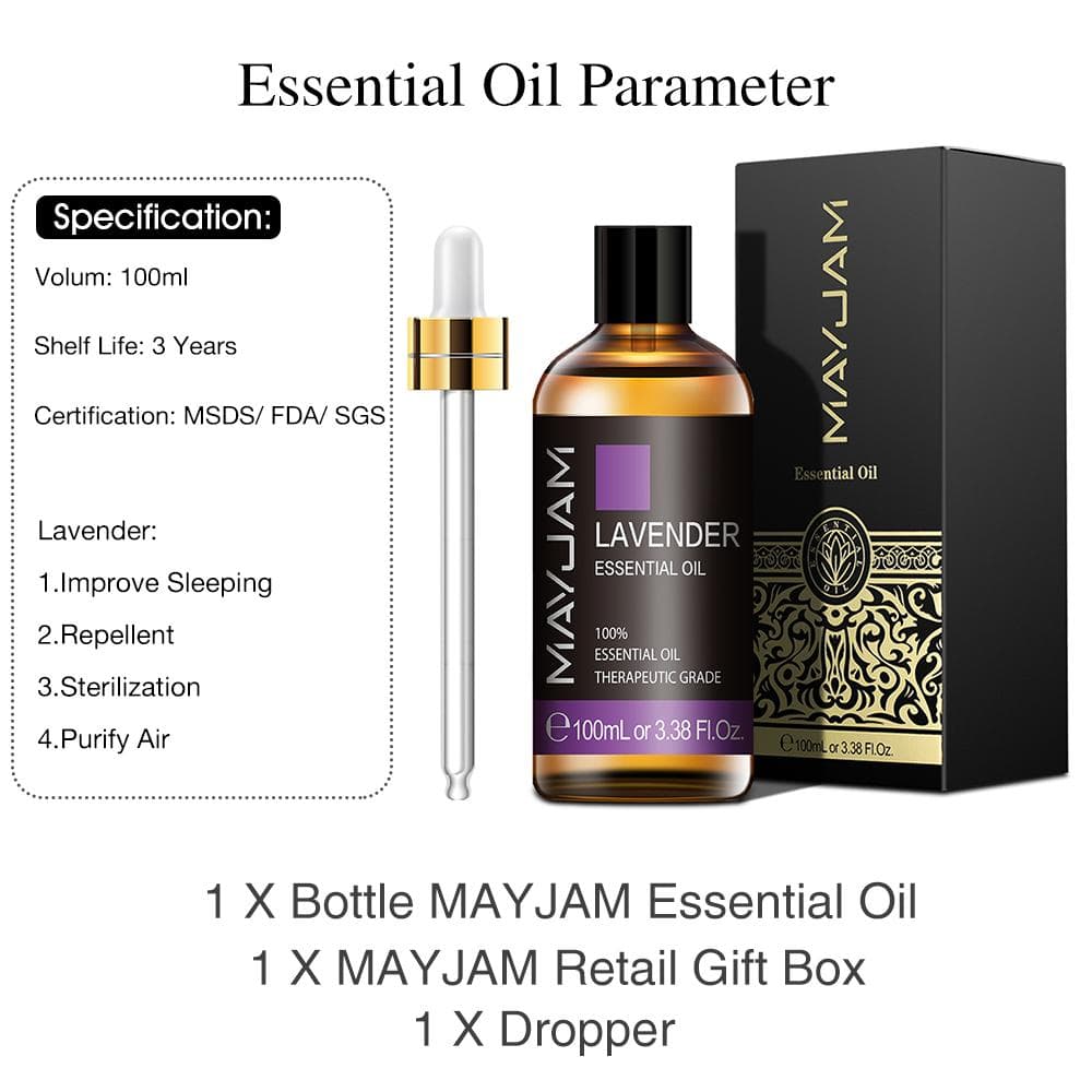 MAYJAM 100ML Vanilla Lavender Eucalyptus Pure Plant Extract Essential Oil for Air Fresh Diffuser Sterilization Boost Immunity Spa Massage Oil Lavender