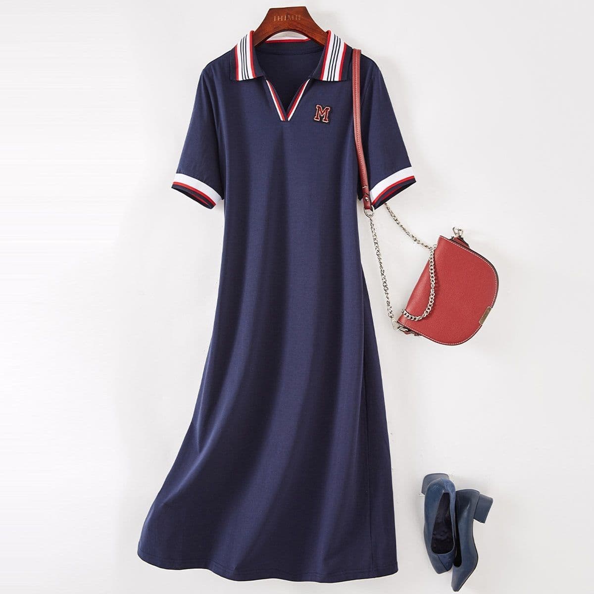 Women's Preppy Style Polo-Neck Short Sleeve Dresses Summer Temperament Contrast Color Spliced Casual Dresses Female Clothing L navy blue