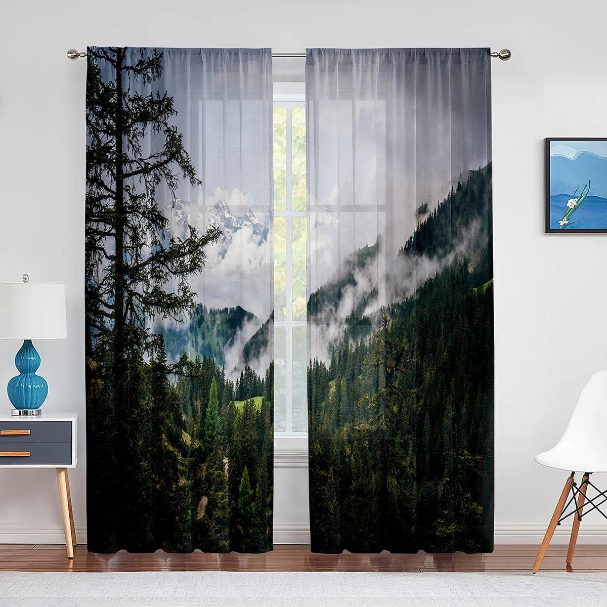 Misty Forest Sheer Voile Curtain Foggy Scenic Green Nature Landscape Window Tulle Curtains for Bedroom Living Room Kitchen Decor 1 PCS W100XH250cm&Grommet Top