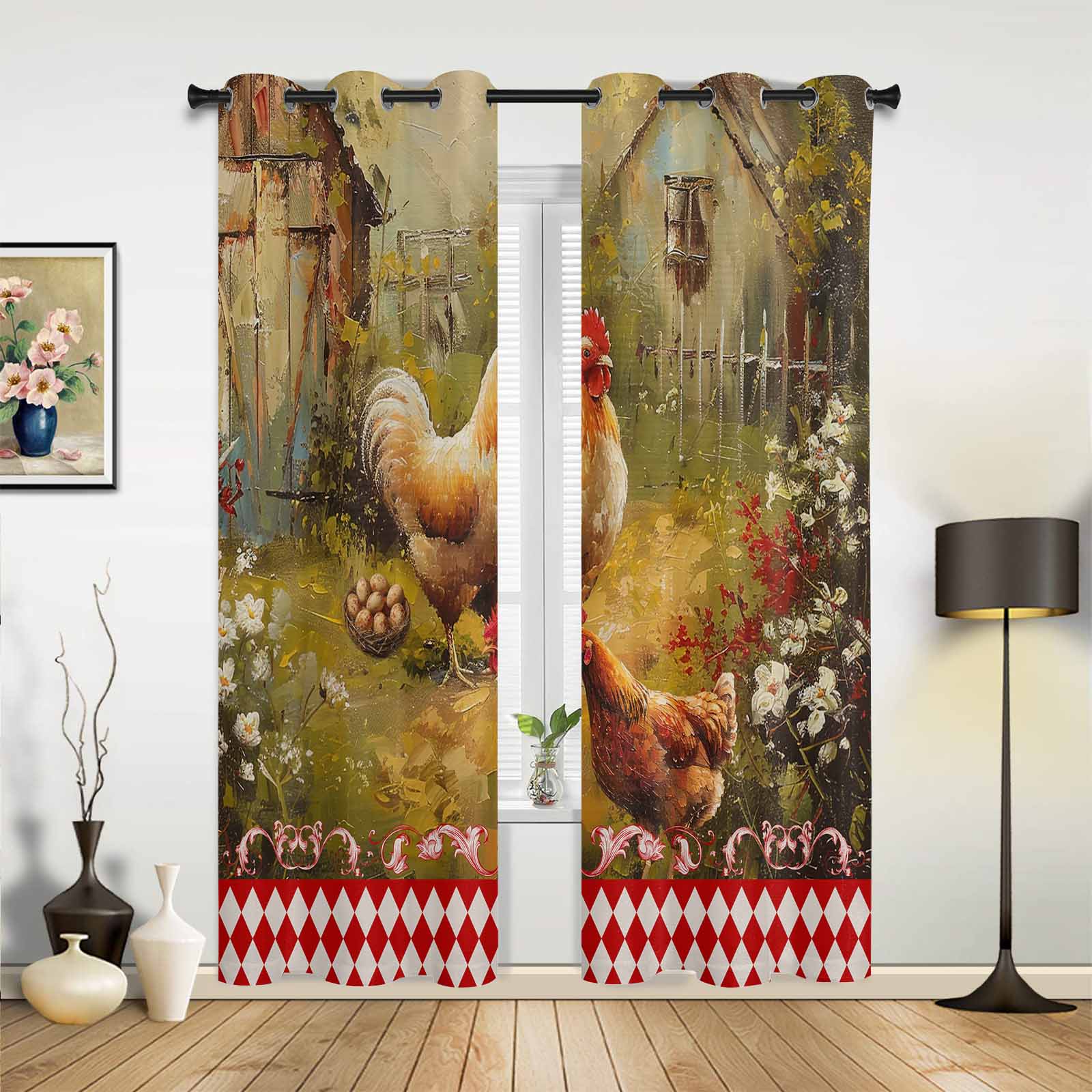 Retro Country Farm Hen Window Curtains for Living Room Luxury Bedroom Curtain Kitchen Blinds Drapes Curtains 135W x 60H(cm) x1