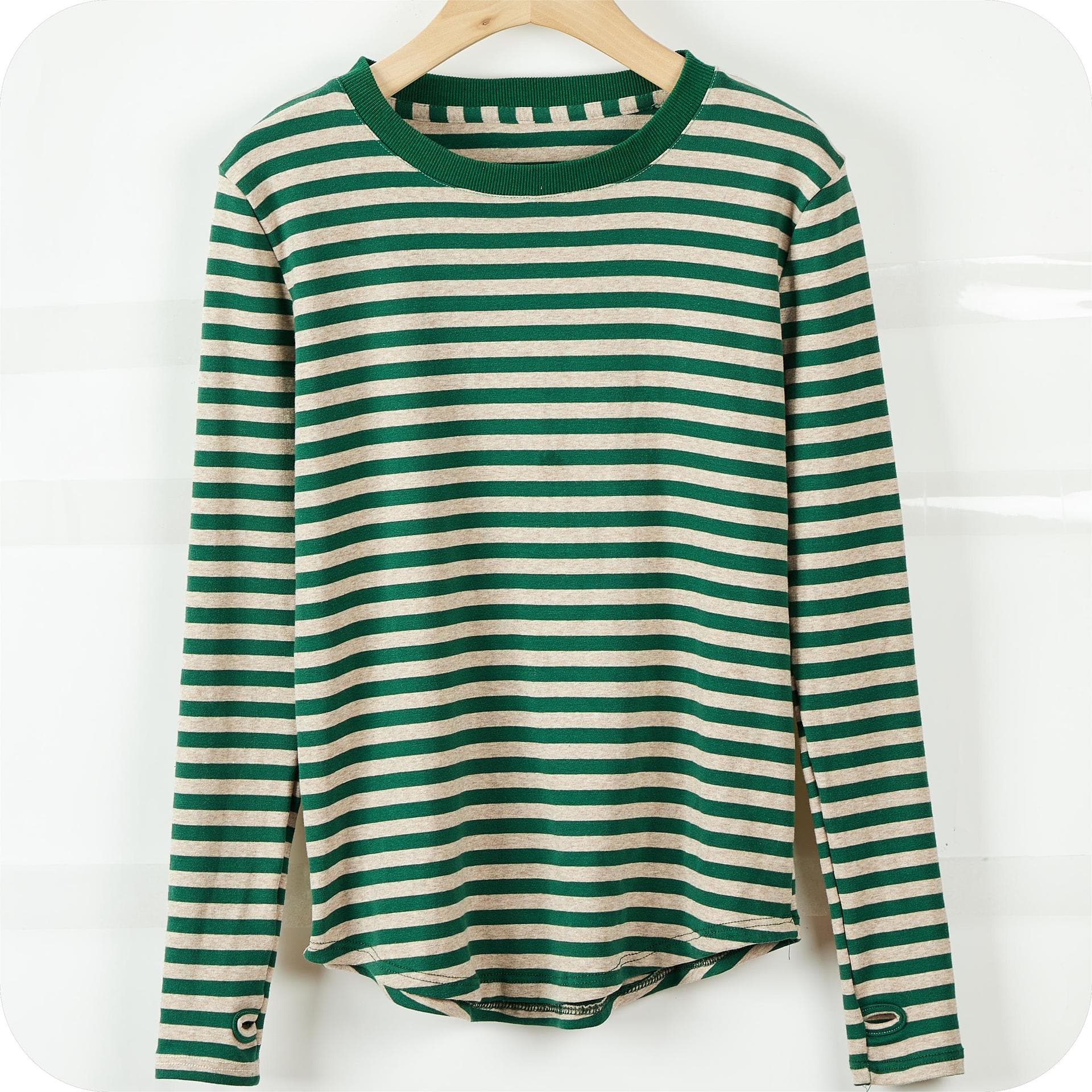 Spring and Autumn Women's Blouse Striped T-shirt Long-sleeved Tops Underneath The Bottom Shirt L green