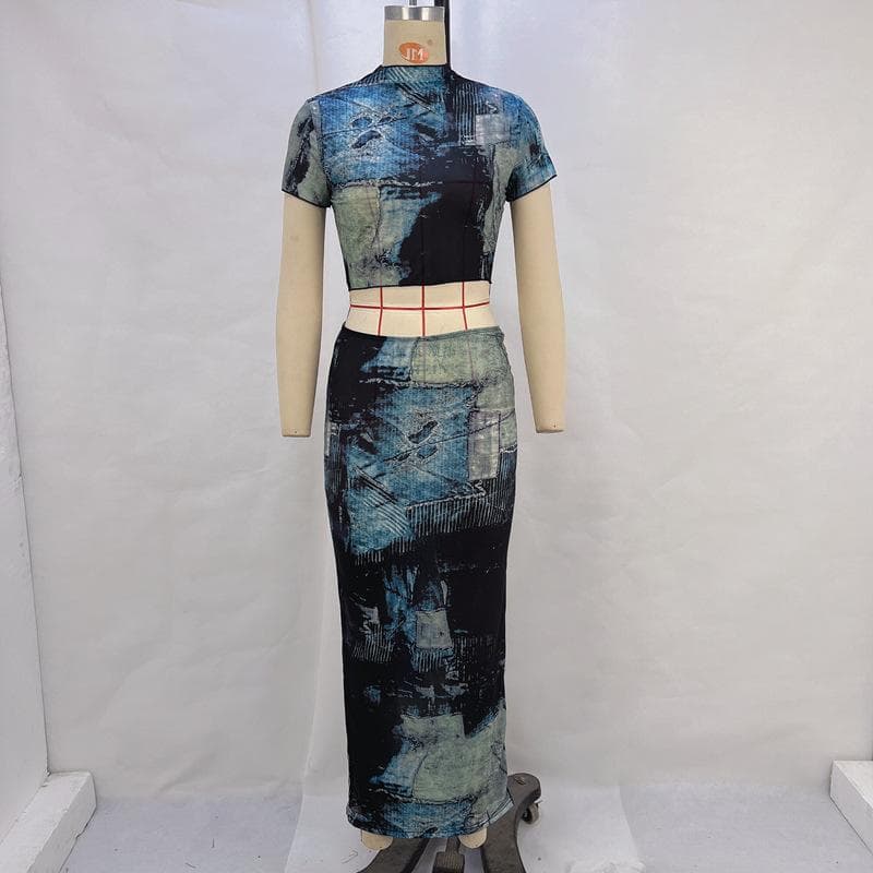 New Style Summer Women's Stand-up Collar and Navel-exposed T-shirt High-waist Hip Skirt Base Casual Suit L green