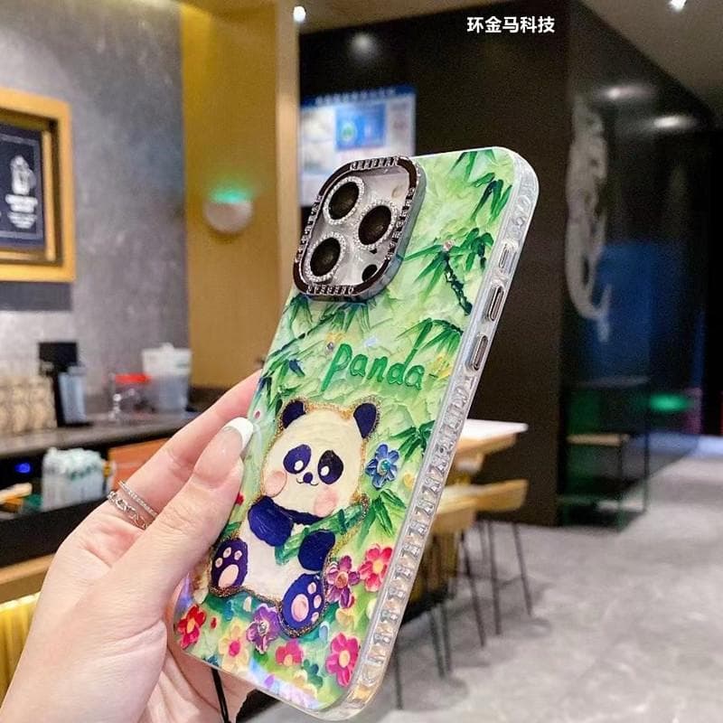 Bamboo Panda Applicable To Apple 16pro Blu-ray Cartoon Mobile Phone Case Oil Painting IPhone 15 Flash Powder Lens Case 14 iPhone16plus
