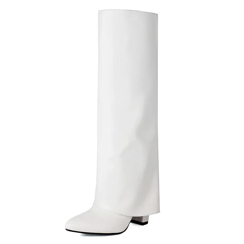 2025 Brand New Luxury Knee High Women's Fold Boots PU Leather Pointed Toe Long Boot Thick Soled Designer High-heeled Shoes 35 white