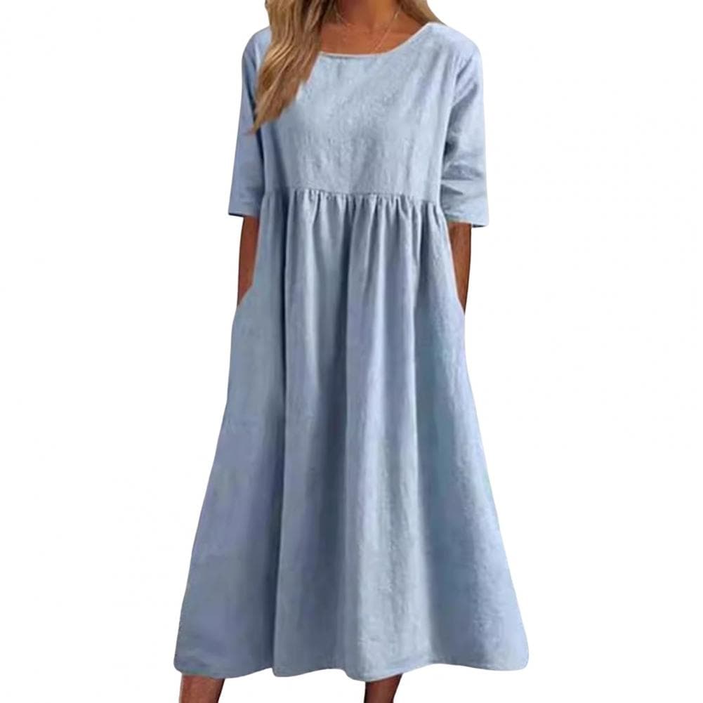Summer Casual Short-Sleeved Cotton Dress with Pockets Loose Fit Round Neck Solid Color Pleated Women Middle Dress for Office Dai XXL light blue