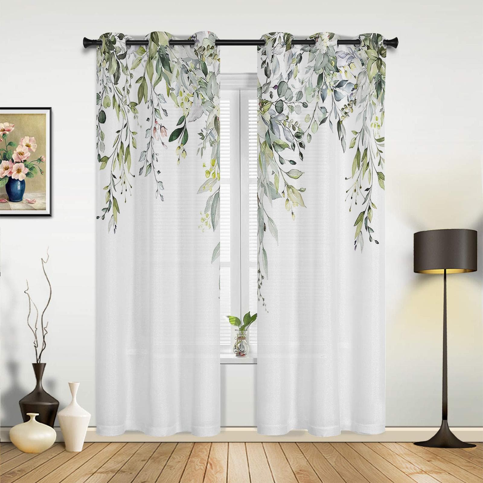 Watercolor Green Leaves Curtains for Bedroom Living Room Window Curtain Treatments Blinds Kitchen Home Decor Drapes 135W x 215H(cm) x2