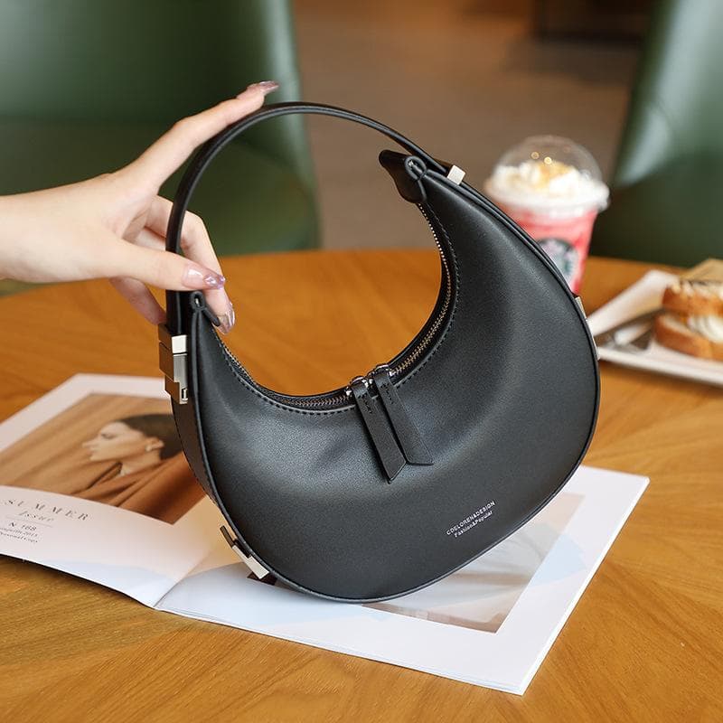 Small Cowhide Crescent Bag Armpit Bag Half Circle Moon Bag Single Shoulder Handbag for Women black