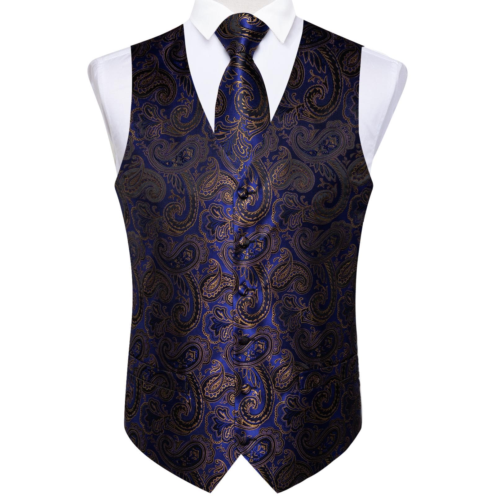 Dibangu Mens Yellow Paisley Vest Suit Waistcoat Hanky Cufflinks Tie Set Wedding S