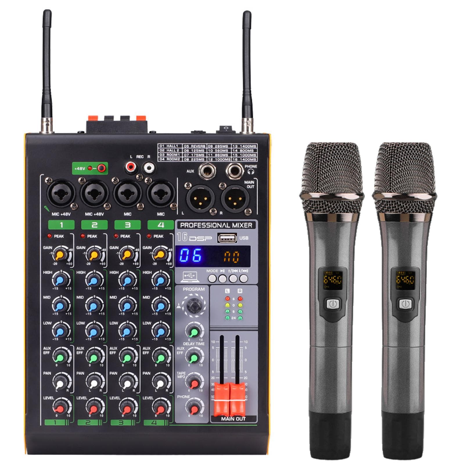 Professional 4-Channel BT Audio Mixer with 2 Wireless Microphones LED Digital Mixing Console US Plug black