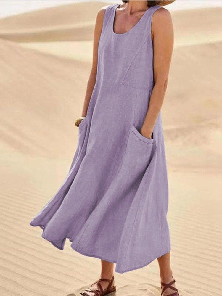 Vintage Cotton Linen Long Dresses for Women Summer Solid Color Sleeveless Maxi Dress Pocket Loose Tank Dress Plus Size 5XL XXXXL