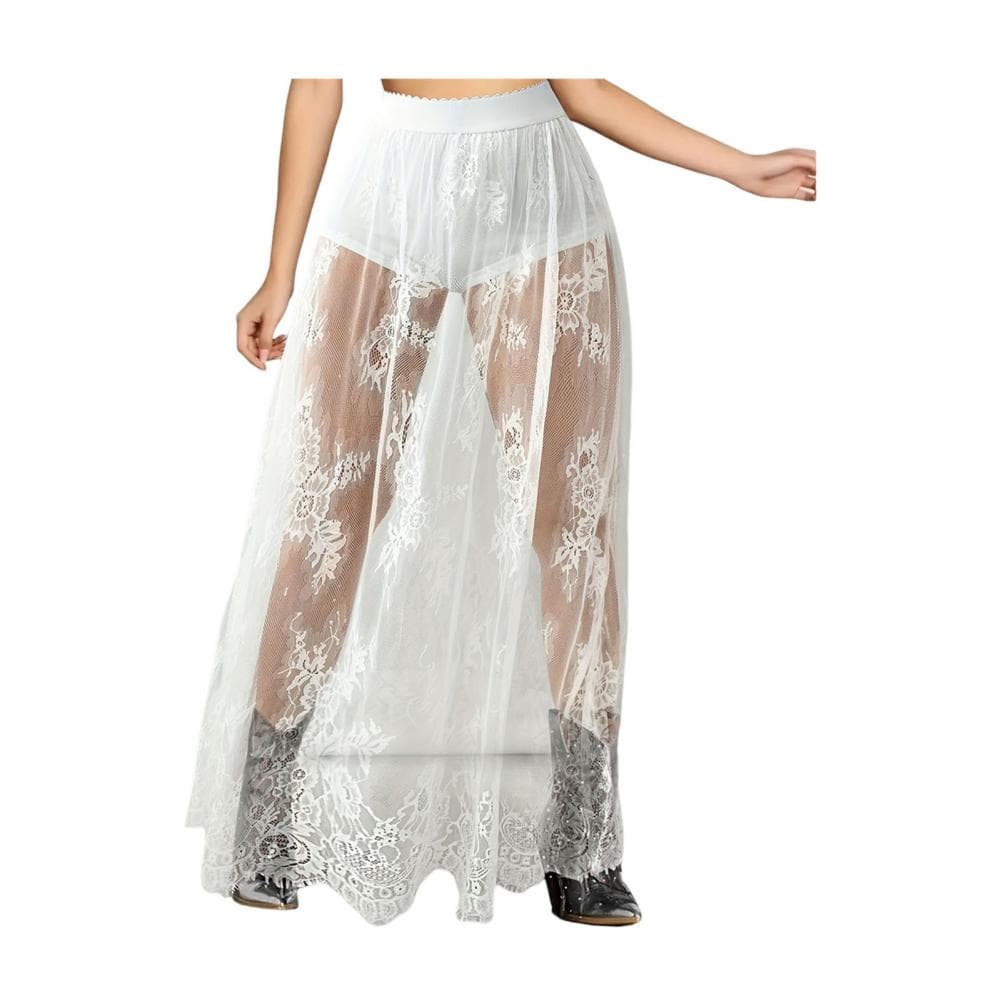 Women Maxi Skirt Dark Style See-through Embroidery Flower Lace Long Skirt Elastic High Waist A-Line Sexy Mesh Skirt S white