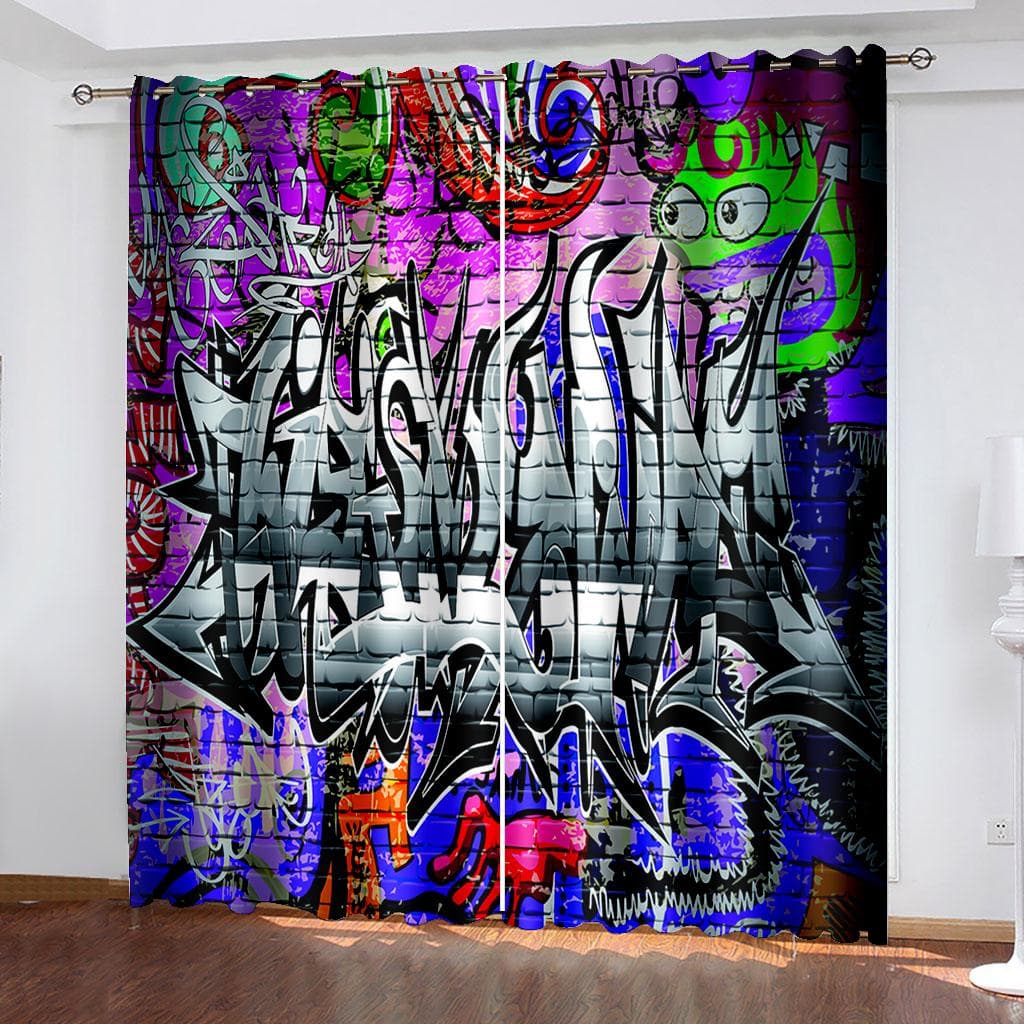 3D Digital Printing Abstract Art Curtain Graffiti 3D Printing Living Room Bedroom Decor Window Treatment Curtain 208W208H(CM)82x82in&Grommet Top