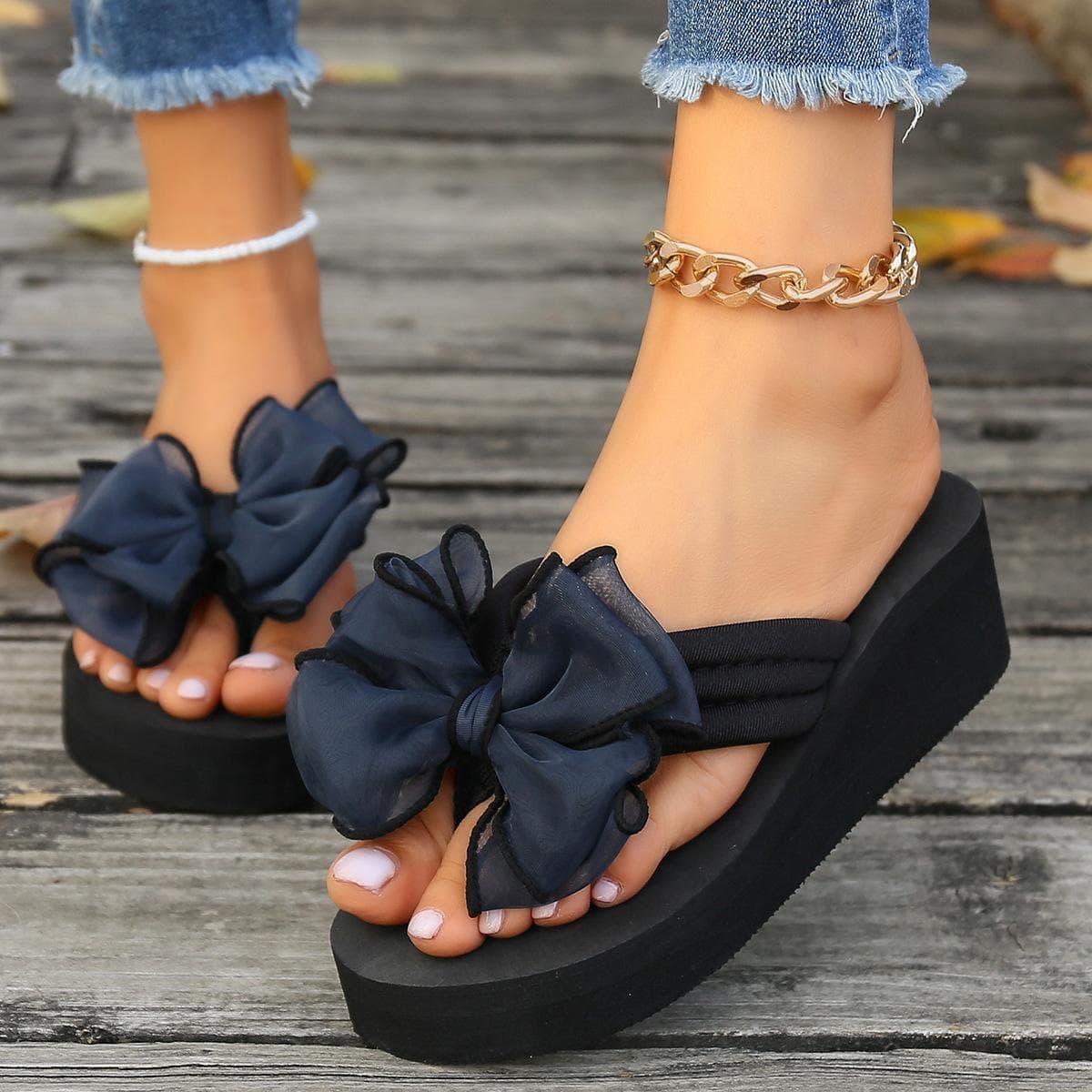 Thick Soled Flip Flops, Women's Summer Slippers Can Be Worn Outside, European and American Fashion Bow Flip Flops Sandals 36 blue