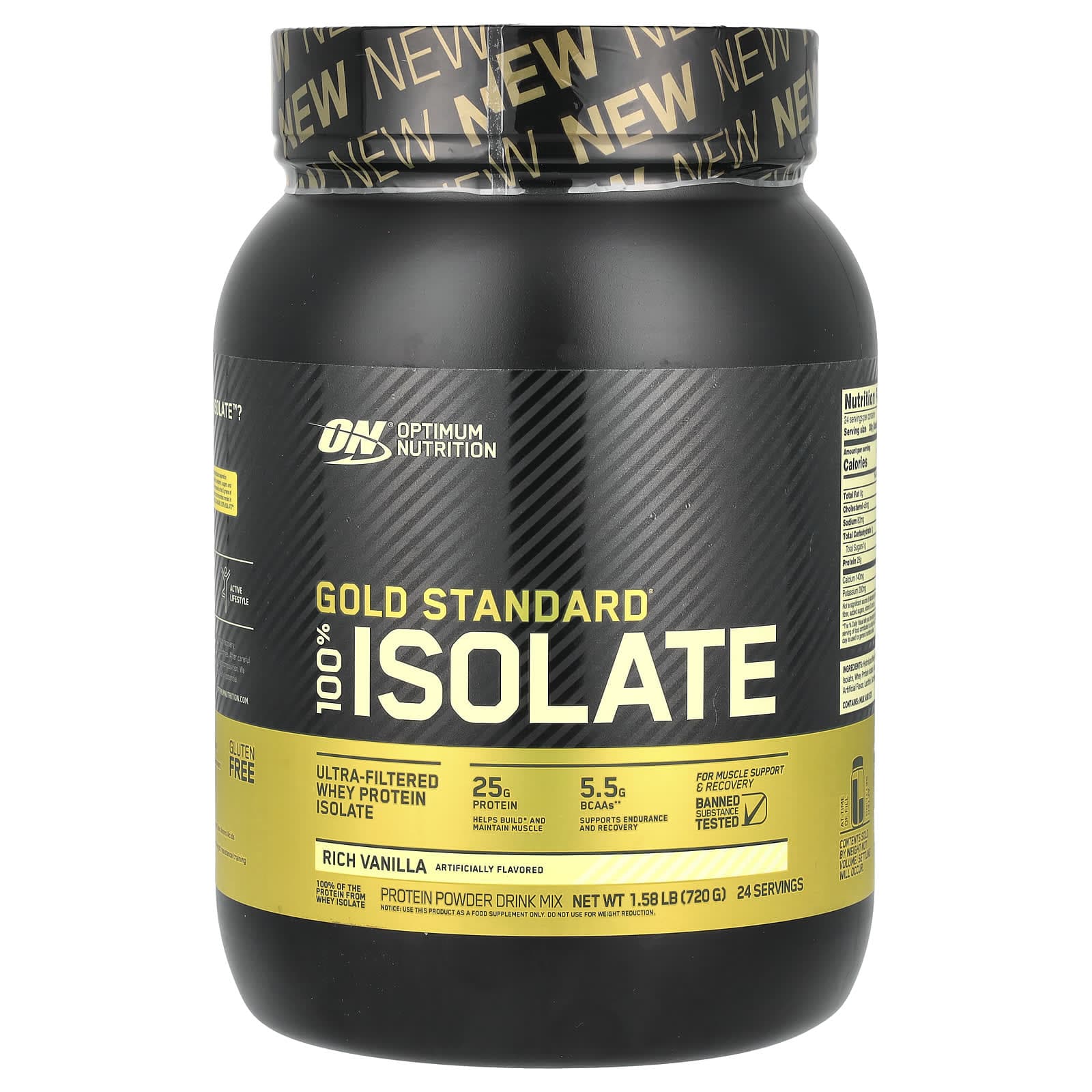 Optimum Nutrition, Gold Standard 100% Whey Isolate, Rich Vanilla Flavor, 1.58 lb (720 g)