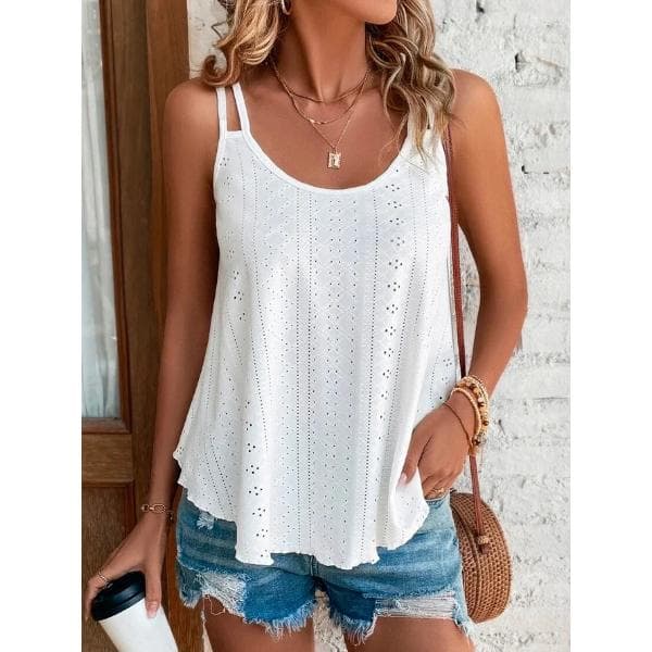 White Sleeveless Round Neck Eyelet Pattern Camisole Tank Top for Women 5XL white