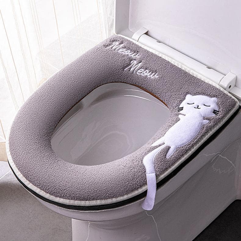Universal Toilet Seat Cover Round Toilet Seat Cushion Bathroom Lavatory Cover Mat Winter Thick Warm Washable Cat Cartoon Cute Toilet Seat Covers grey