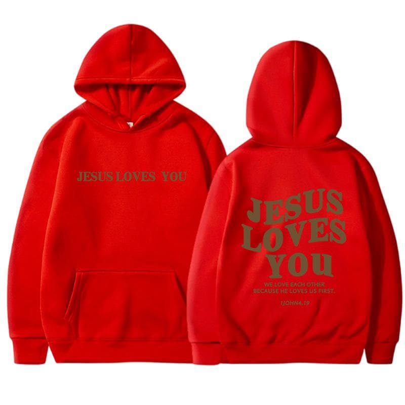 Jesus Loves You Oversized Graphic Hoodie Women Hip Hop Vintage Hooded Sweatshirts Pullover Tops For Women Trendy Aesthetic Top XL red