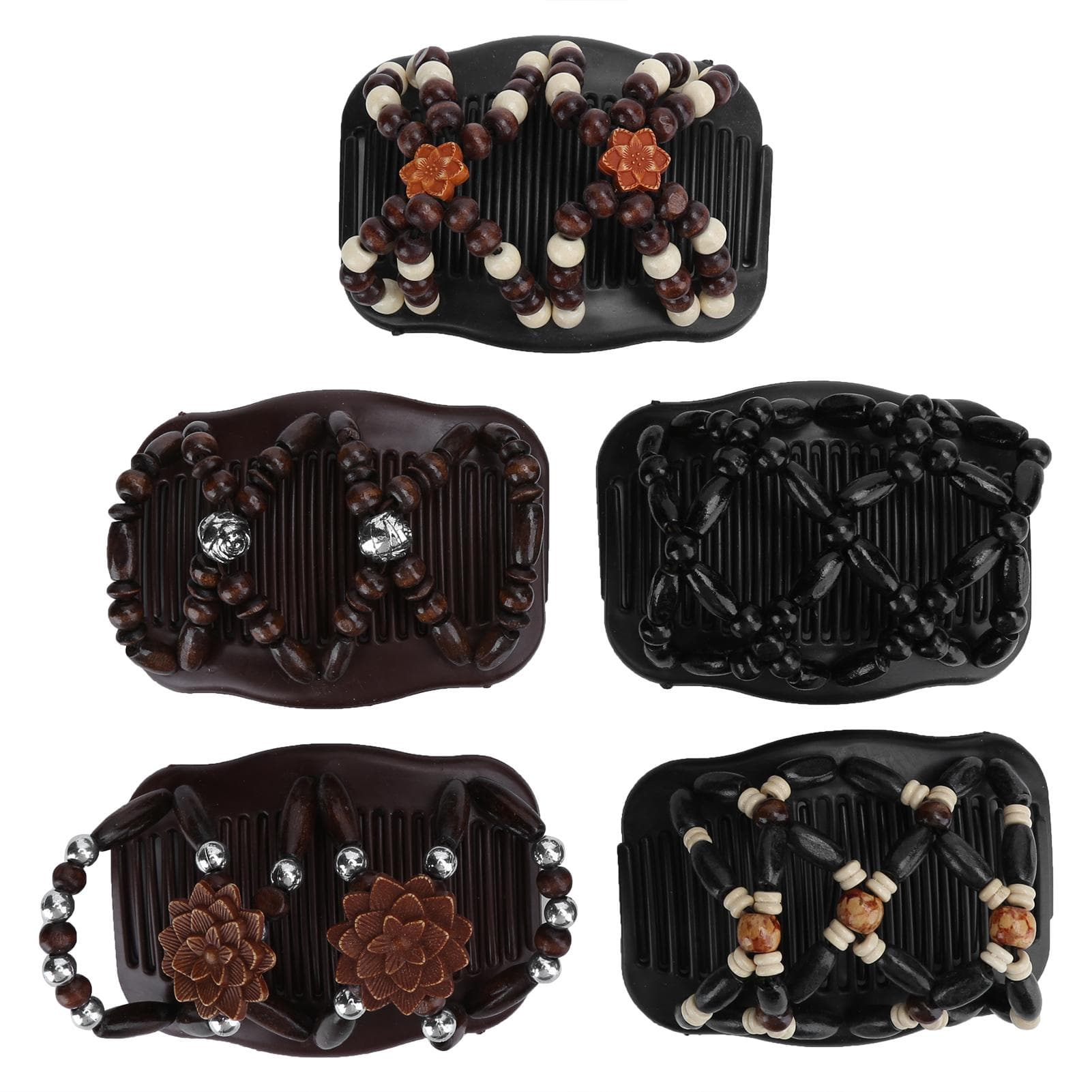 5pcs Wood Beads Double Hair Comb Clip Stretchy Women Hair Accessories Hair Styling Tool