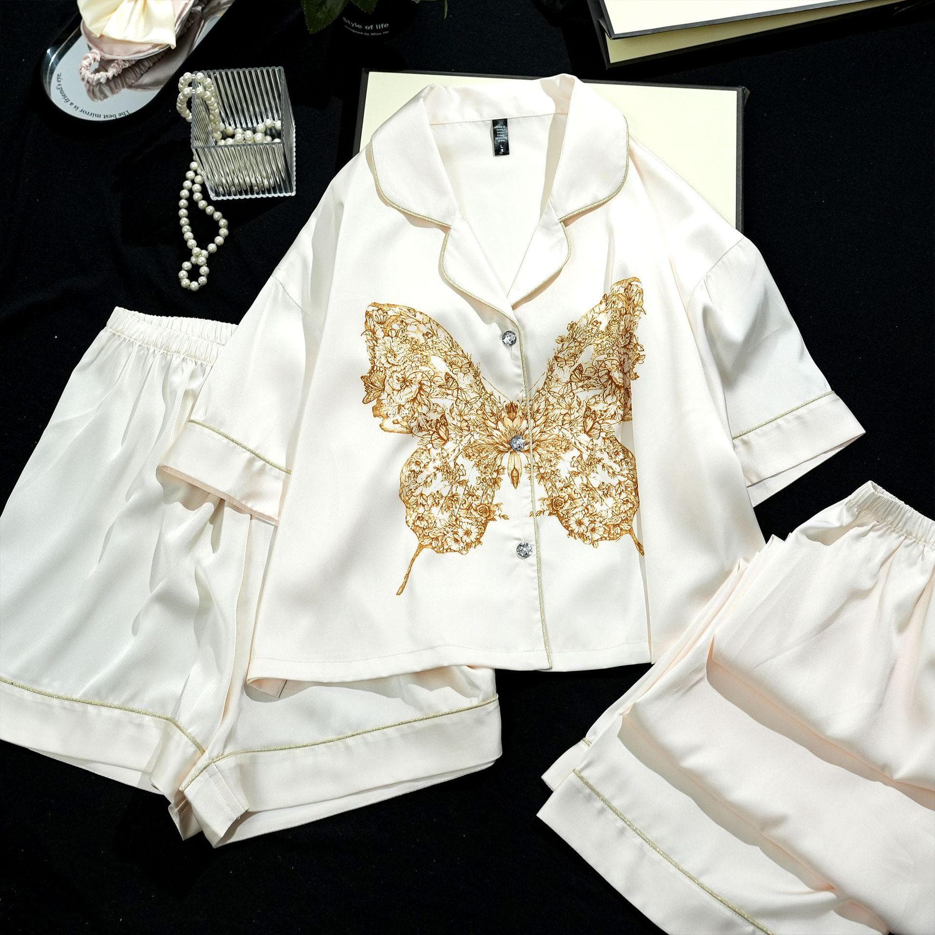 Loose Printed Short Three-piece Ice Silk Pajamas Women's Short-sleeved Suit Women's Summer Thin Soft Pajamas Set XL