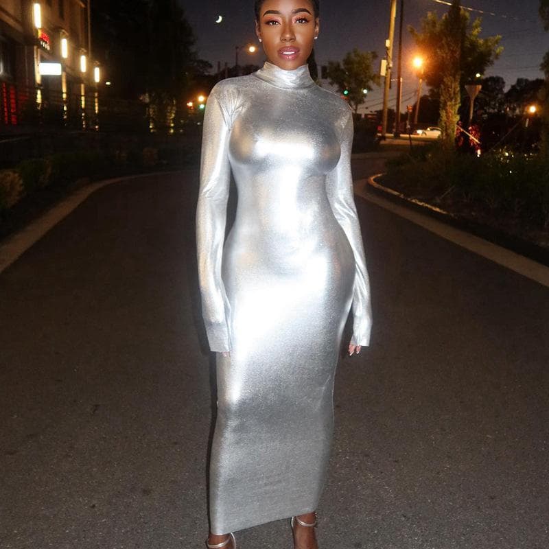Women's High Neck Long Sleeve Waist Slimming Hip Mid-length Dress Women's Dress M