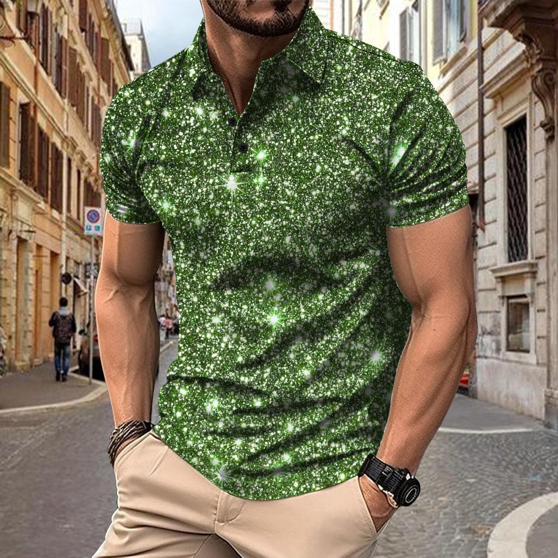 Men's Polo T-shirts Fashion Casual Short Sleeve 3D Sparkle Sequins Print Male Sports Shirt 3XL green