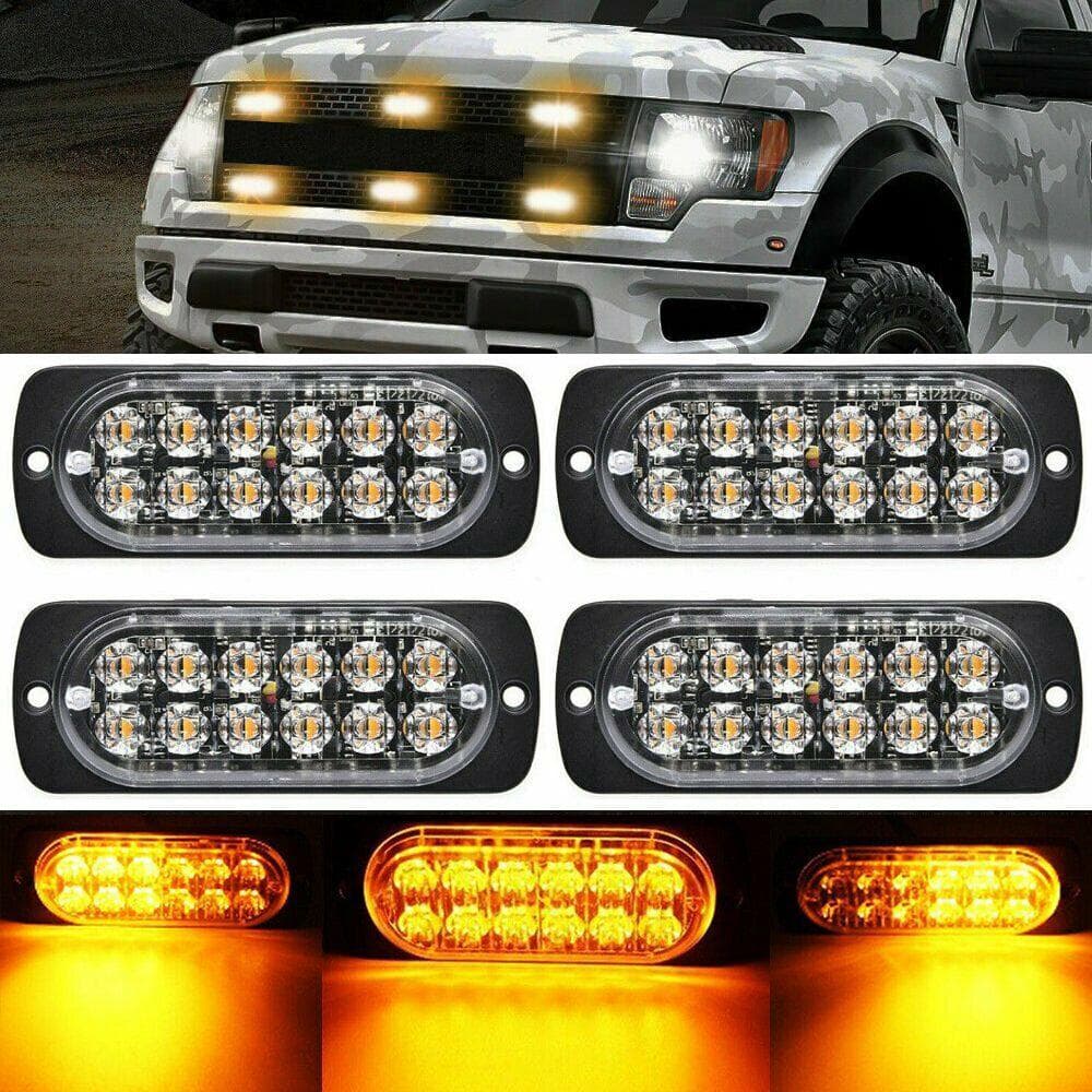 4PCS 12 Strobe LED Amber Hazard Beacon Emergency Flashing Side Marker Light Bars Warning Signal black