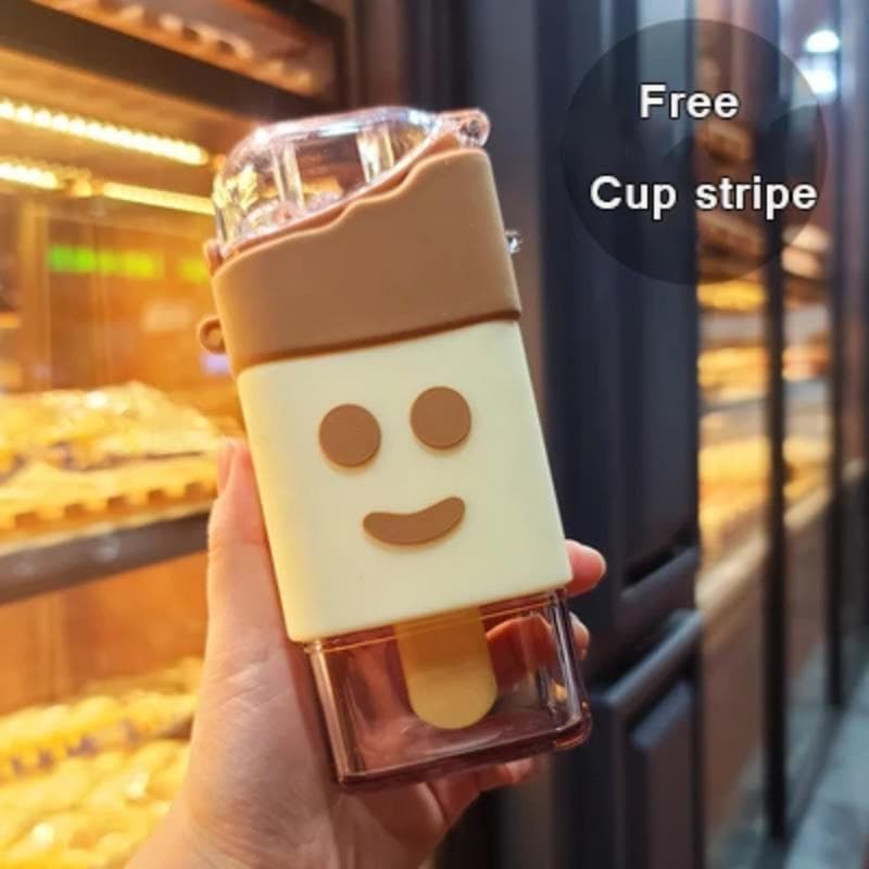Cute Ice Cream Plastic Water Bottle With Straw Strap Popsicle Water Bottle Watermelon Kettle Leakproof Tritan Bottle BPA Free Cu 300ml
