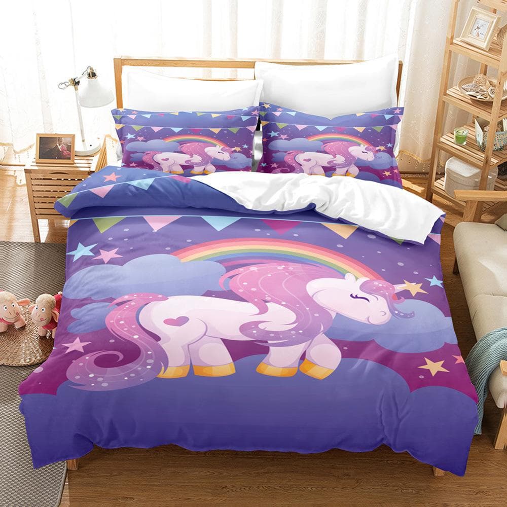 Rainbow Unicorn Bedding Set for Kids, Cartoon Animal Bed Linen for Girls, Kawaii Duvet Cover Sets, Twin, Single, Double, Queen cot size 70x133cm