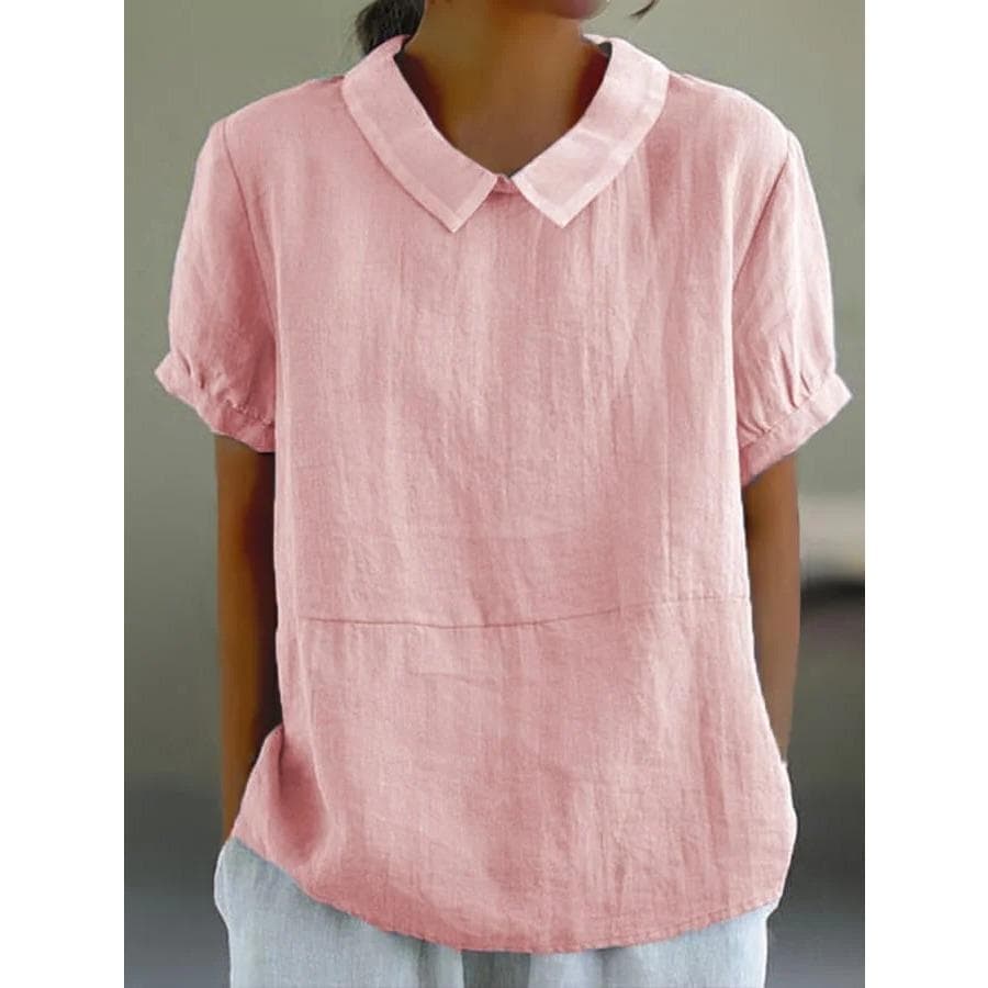 Womens Casual Peter Pan Collar Blouse Summer Loose Cotton Blouse Linen Tops Solid Color Short Sleeve Casual Ladies Breathable Shirt M pink