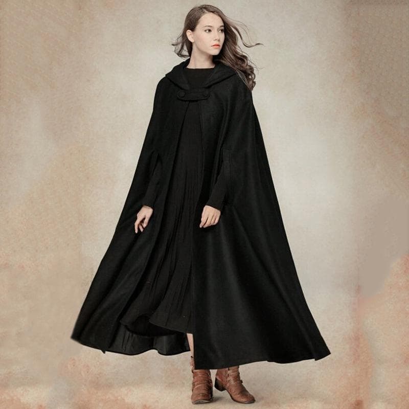 Casual Women Winter Cloak Hooded Sleeveless Button Closure Long Cape Costume Cosplay Outerwear L black
