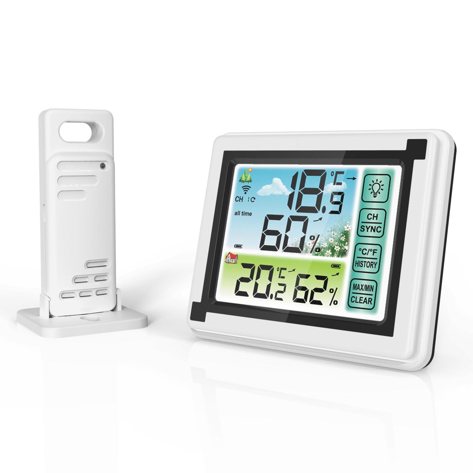 Indoor Outdoor Wireless Thermohygrometer Temperature Humidity Monitoring Weather Clock Digital 1 white