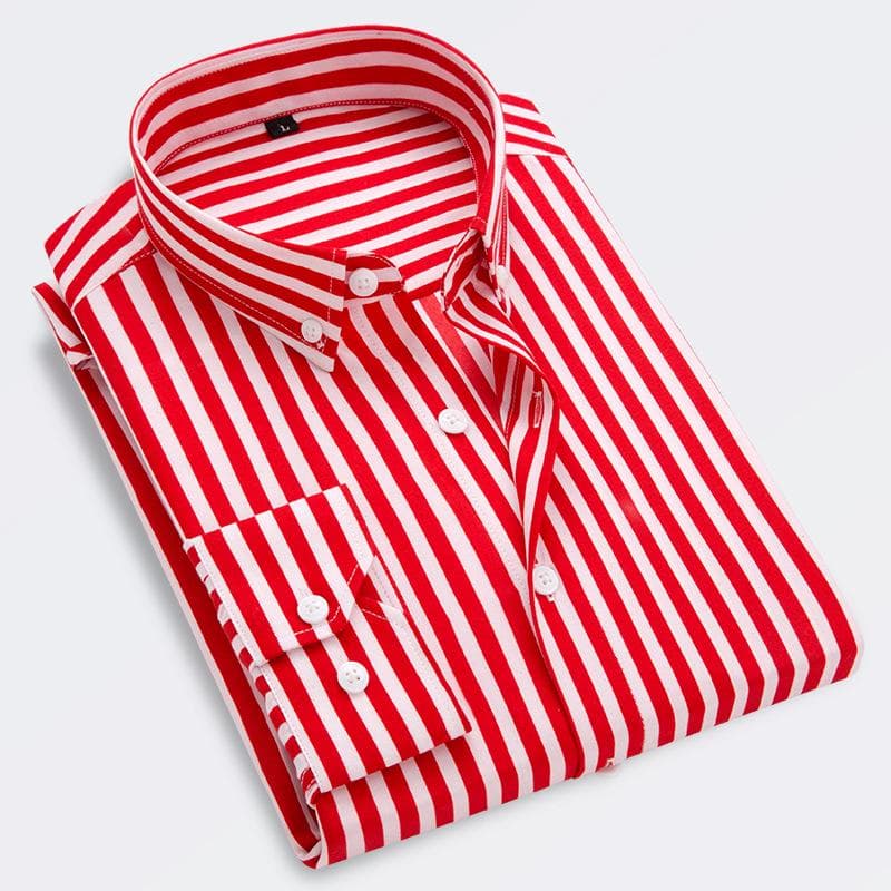 Men's Slim Korean Style Casual Striped Long-Sleeve Shirt L red