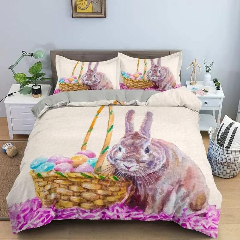 Cartoon Rabbit King Queen Duvet Cover Pet Animal Carrot Bedding Set for Kids Easter Theme Bule Polyester Quilt Cover 70x133cm 2pcs