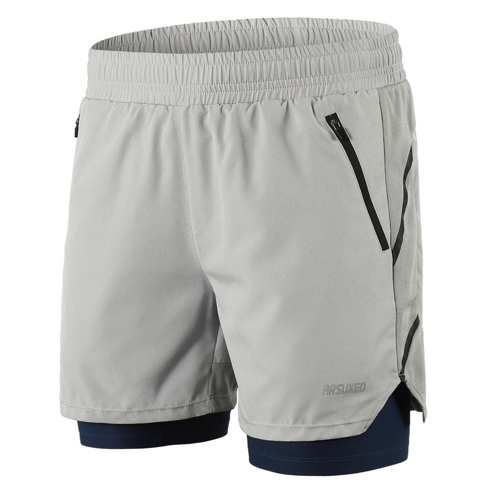 Men 2 in 1 Running Shorts Quick Drying Breathable Active Training Exercise L grey